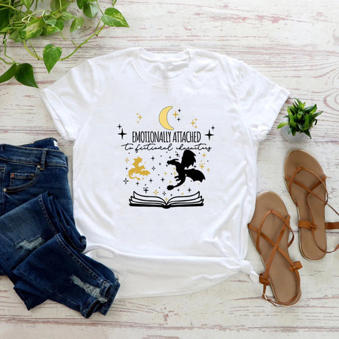 Emotionally Attached To Fictional Characters T Shirt Unisex Graphic Tee for Book Lovers Short Sleeve Casual Top
