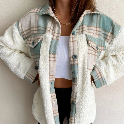 Lambs Wool Plaid Patchwork Long Sleeve Cardigan