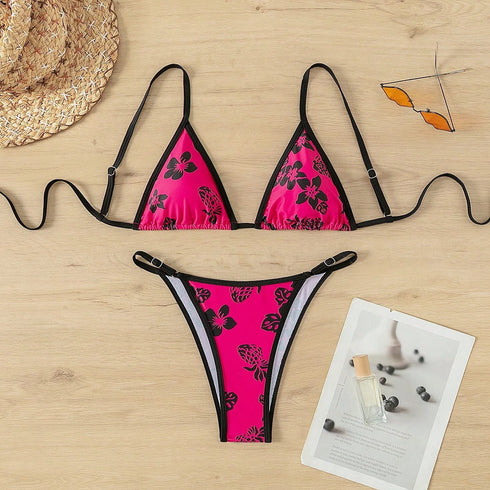 Floral Contrast Print Adjustable Bikini Set