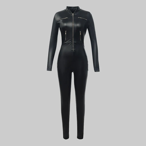 Women's PU Leather Jumpsuit with Zipper Detail