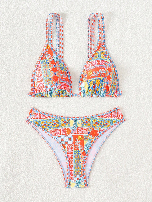 Floral Printed Adjustable Triangle Bikini Set