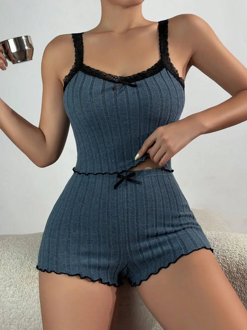 Lace Crop Top and Shorts Pyjama Set for Women