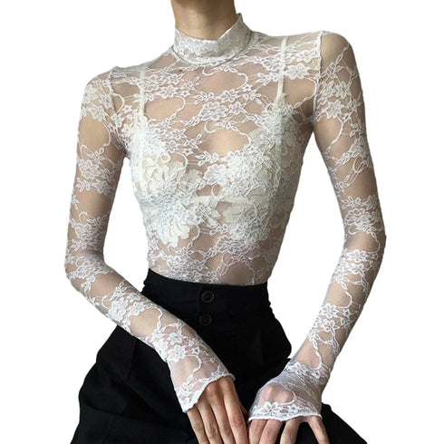 Sexy Lace Blouse Shirts Summer Women Turtleneck Long Sleeve See Through Lace Patchwork Thin Tops