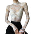 Sexy Lace Blouse Shirts Summer Women Turtleneck Long Sleeve See Through Lace Patchwork Thin Tops