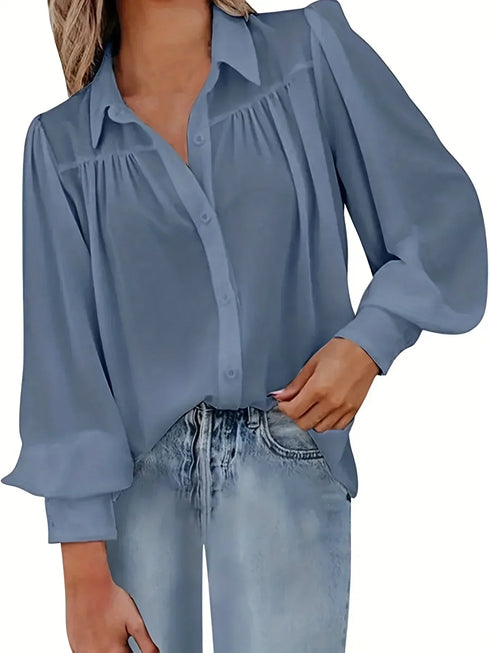 Plus Size Women’s Button-Up Blouse with Lantern Sleeves