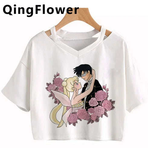 Kawaii Anime Cartoon Tee for Women - V-Neck Short Sleeve Top