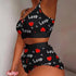 Summer 2-Piece Pajama Set Women Sleepwear Strawberry Lace Crop Top and Shorts Loungewear Pijamas
