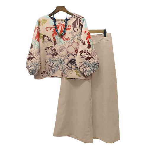 ZANZEA Autumn Floral Printed Blouse and Wide Leg Trousers Set