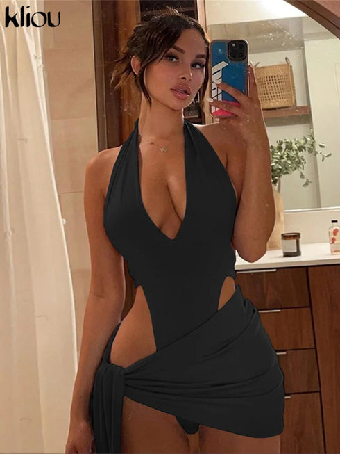 Kliou Solid Deep V Backless Two Piece Set in Black