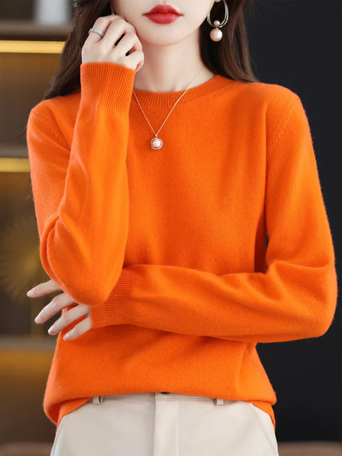 Women's 100% Merino Wool O-Neck Pullover Sweater