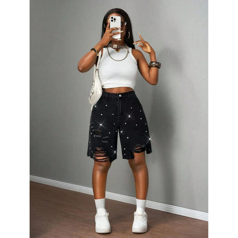 Women's Black Denim Shorts with Distressed Detail