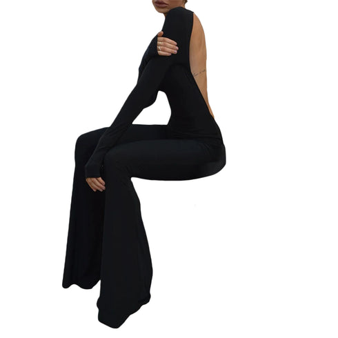 Women’s Black Flare Leg Jumpsuit with Long Sleeves