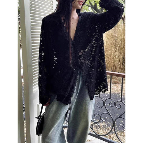 Vintage Summer Lace Blouses Women See Through Sheer Long Sleeve Sun Shirts Korean Style Casual Sun Protection Sexy Ladies Tops