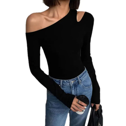 Skew Collar Off-Shoulder Long-Sleeved Crop Top