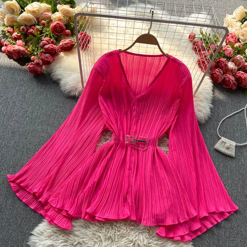 Purple Solid Casual Pullover V-Neck Loose Flare Sleeve Folds No Belt Women's Blouse Shirt Female Clothing Tops 2024 Fashion