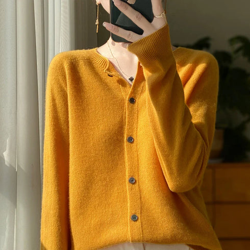 100% Pure Merino Cashmere O-Neck Cardigan for Women