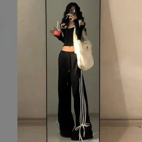 Plus Size Y2K Wide Leg Pants with Bow Tie Detail