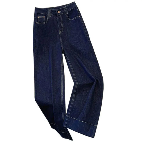 High Waisted Wide Leg Denim Trousers in Navy Blue