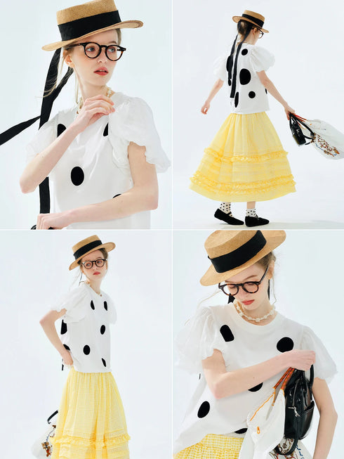 Women's White Polka Dot Puff Sleeve Blouse