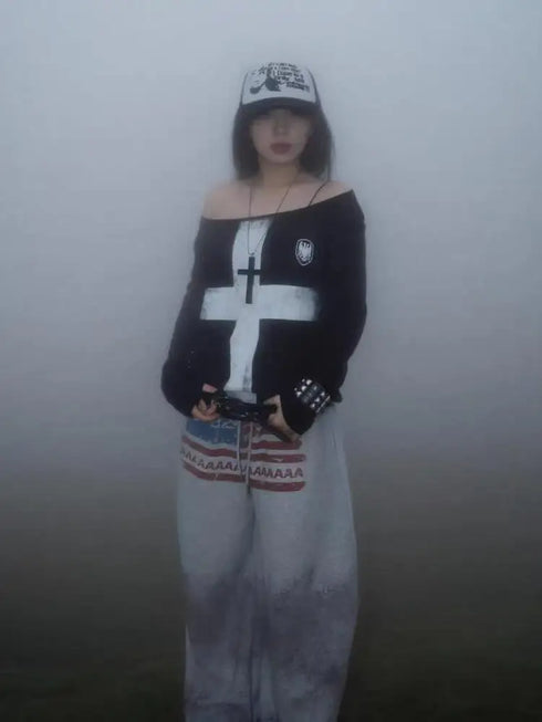 Tawaaiw Black Cross Graphic Long Sleeve T-Shirt for Women