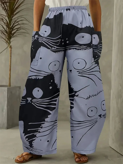 Women's Cartoon Cat Loose Wide-Leg Pants