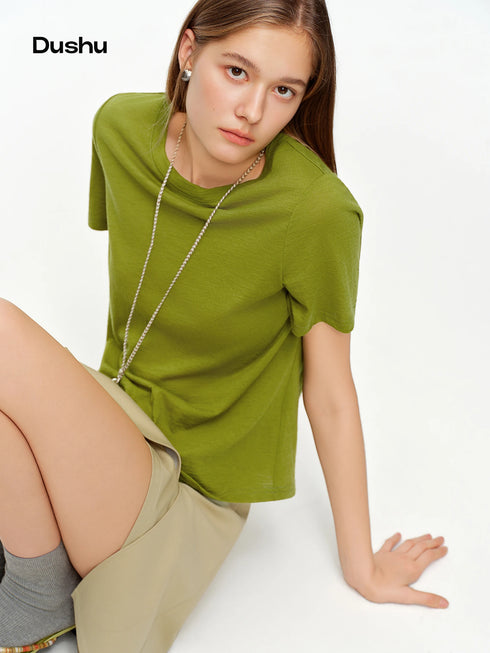 DUSHU Women's Green and Grey Layered Knit Top