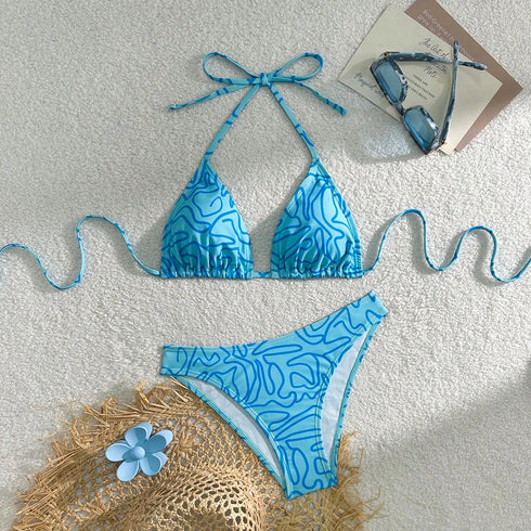 Blue Striped Adjustable Halterneck Bikini