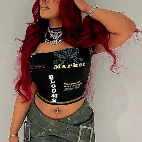 Hollow Out Black Crop Top with Letter Print