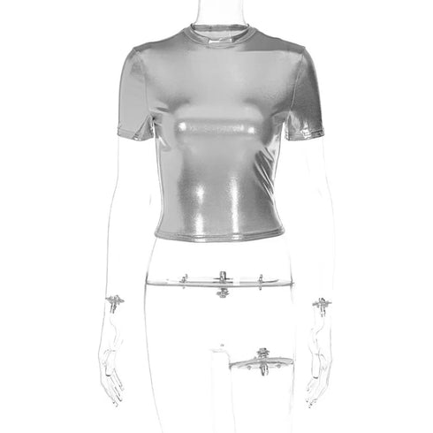 Leather Solid O Neck Short Sleeves Sexy Slim Y2K T-Shirt Top Summer Women Fashion Tees Streetwear Grunge Clothes