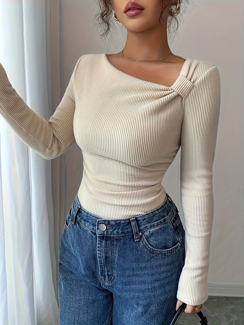 Elegant Asymmetrical Long Sleeve Pleated T-Shirt in Beige