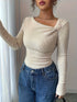 Elegant Asymmetrical Long Sleeve Pleated T-Shirt in Beige