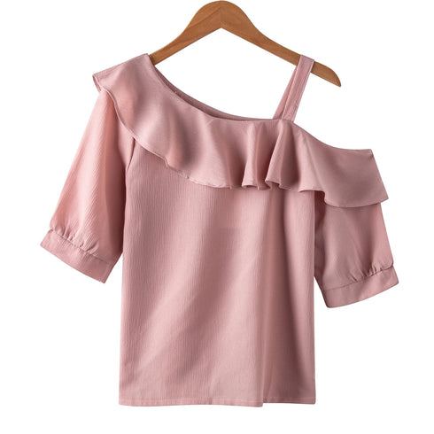 Women's Shirt Tops Fashion One-Shoulder Ruffles Short-sleeved Tops Chiffon Tops S-XXL