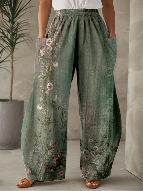 Plus Size Floral Printed Wide Leg Pants