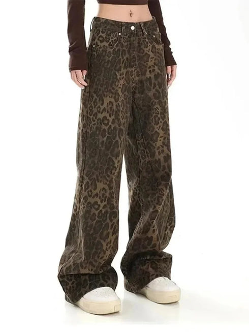 Leopard Print Wide Leg Jeans for Women