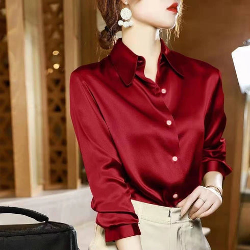 Plus Size Satin Long Sleeve Blouse for Women