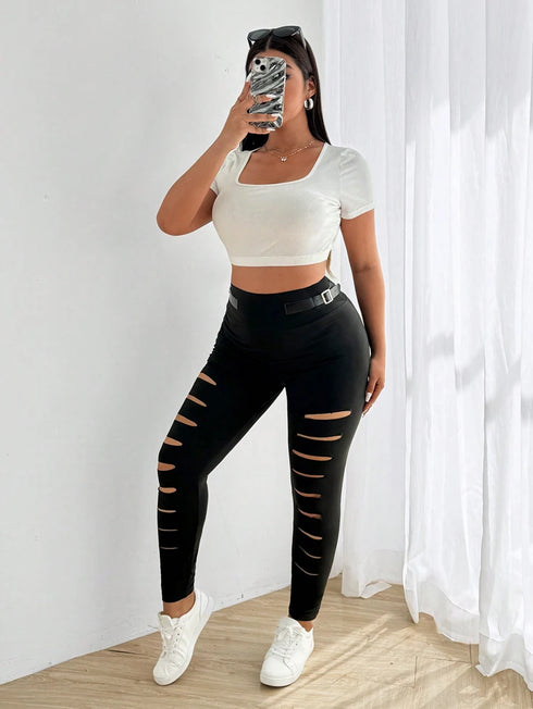 Plus Size High Waist Hollow Out Sports Pants