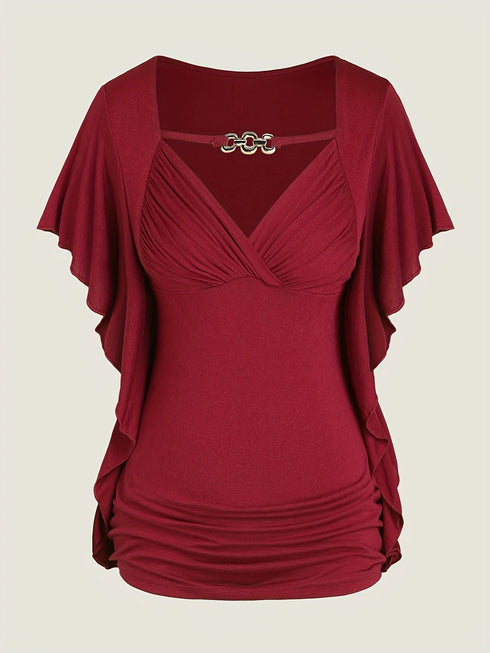 Plus Size Women's Ruffle Sleeve Slant Placket T-shirt