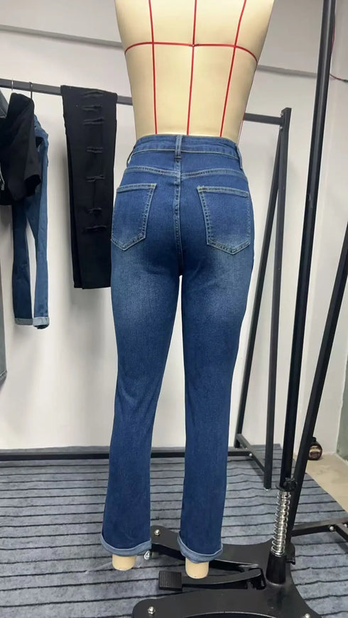 High Waist Blue Denim Jeans with Button Detail