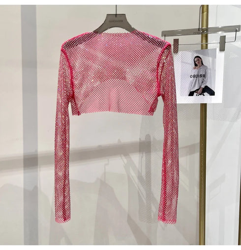 Hollow Out Rhinestone Long Sleeve Crop Top