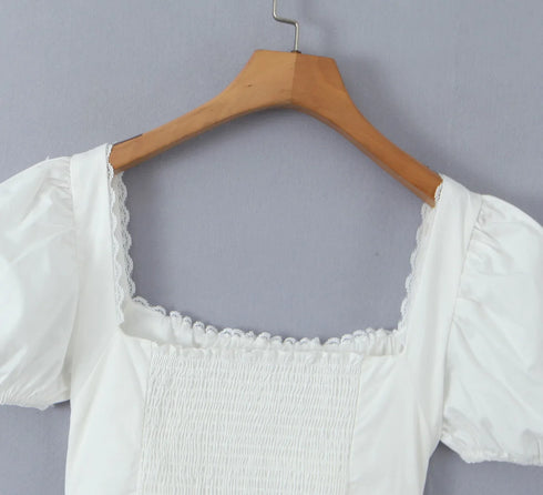 2023 Sexy Corset White Ruched Chest Square Collar Short Puff Sleeve Shirt Women Cross Lacing up Bandage Waist Bodycon Crop Tops