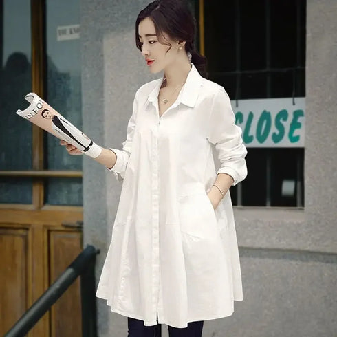 White Casual Oversized Blouses Women 2024 Autumn Korean Fashion Mid Length Winter Loose Long Sleeves Femal Blouses