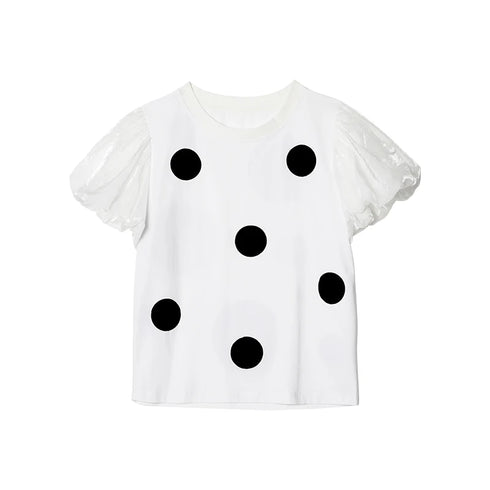 Women's White Polka Dot Puff Sleeve Blouse