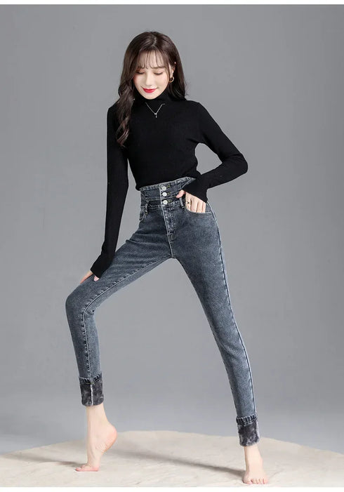 Women's Fleece-Lined High-Waisted Slim Fit Jeans