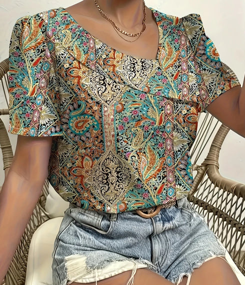 Plus Size Elegant Short Sleeve Blouse in Red