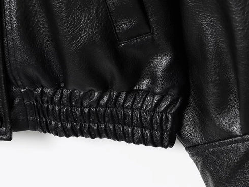 MUJER Black Faux Leather Bomber Jacket for Women