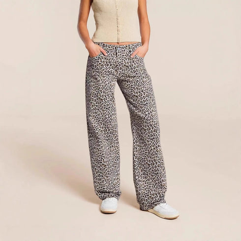 Women's Leopard Print Straight Leg Denim Jeans