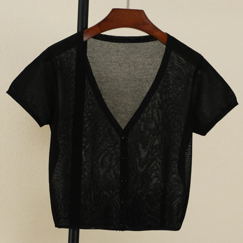 Chic V-Neck Cropped Cardigan in Classic Black