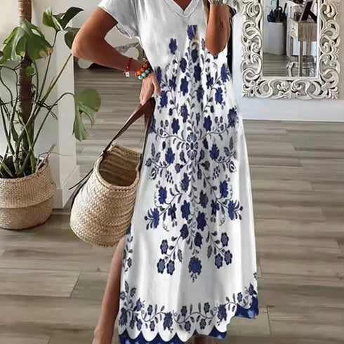 Chic Printed Maxi Dress with Round Neck