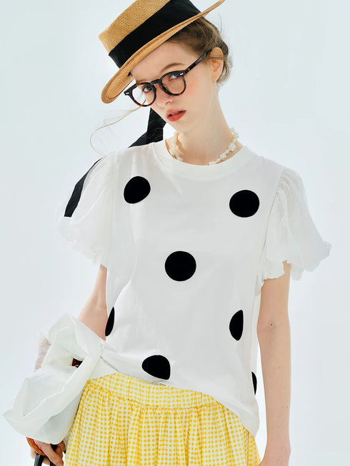 Women's White Polka Dot Puff Sleeve Blouse