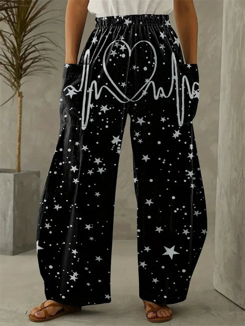 Abstract Star and Moon Print Wide-Leg Pants
